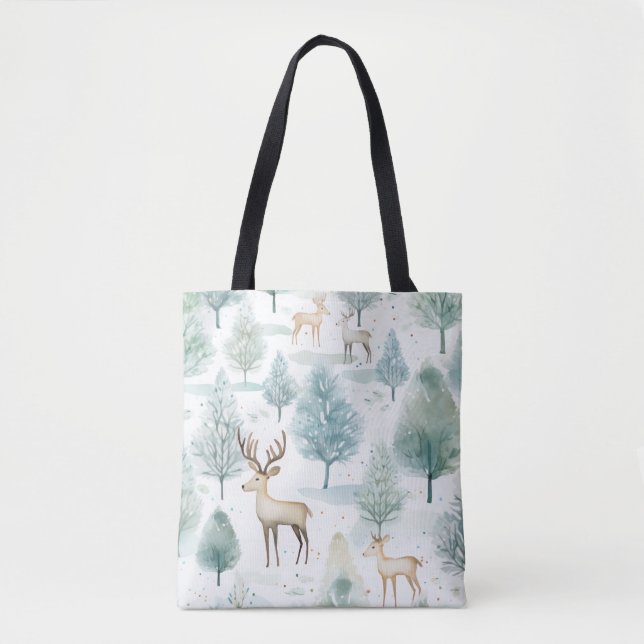 Watercolor WoodlandDeer In Winter Forest Christmas Tote Bag (Front)