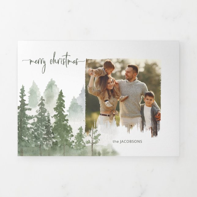 Watercolor Woods Christmas Calligraphy Photo Tri-Fold Card (Cover)
