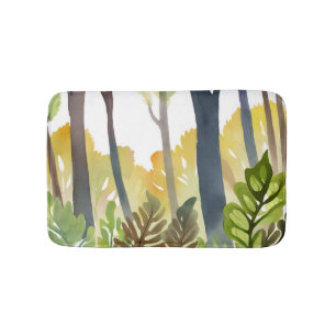 Watercolor Woods Green Nature Forest Painting Bath Mat