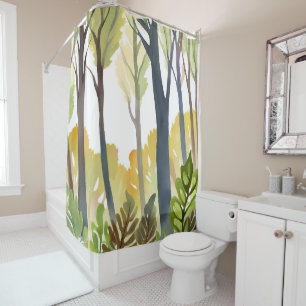 Watercolor Woods   Green Nature Forest Painting Shower Curtain