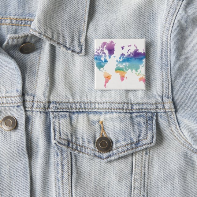 Watercolor World Map 15 Cm Square Badge (In Situ)