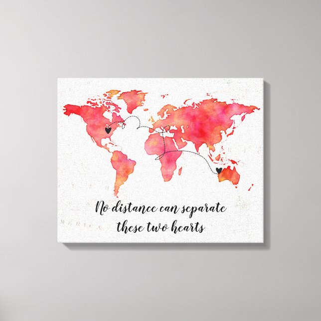 Watercolor World Map 2 Hearts Connected Canvas Print (Front)