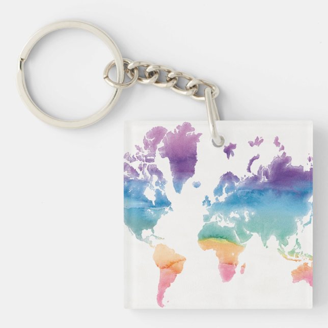 Watercolor World Map Key Ring (Front)