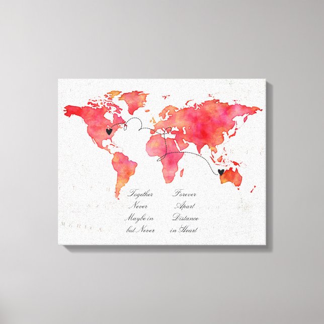 Watercolor World Map Long Distance Relationship Canvas Print (Front)