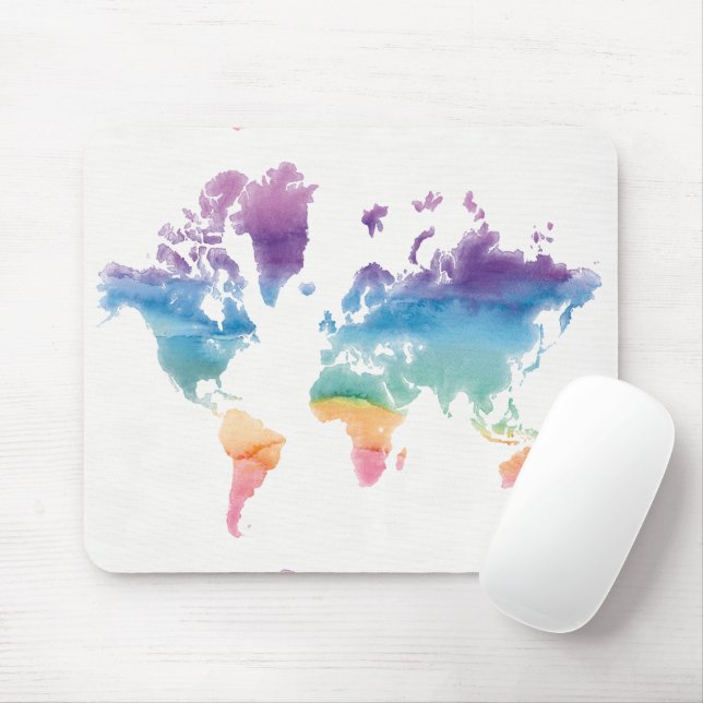 Watercolor World Map Mouse Mat (With Mouse)