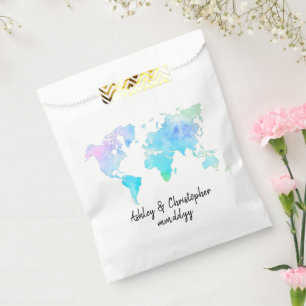 Watercolor World Map Personalised Wedding Couple Favour Bags