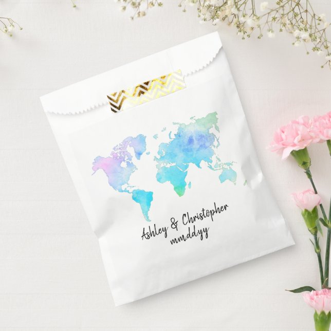 Watercolor World Map Personalised Wedding Couple Favour Bags (Sealed)