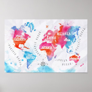 Watercolor world map pink blue poster
