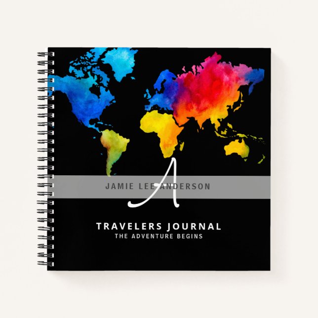 Watercolor World Map Travelers Journal Monogrammed (Front)