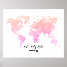 Watercolor World Map Wedding Guest Book Art Print