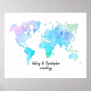 Watercolor World Map Wedding Guest Book Print