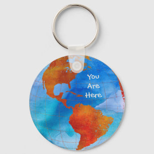 Watercolor World You Are Here Key Ring
