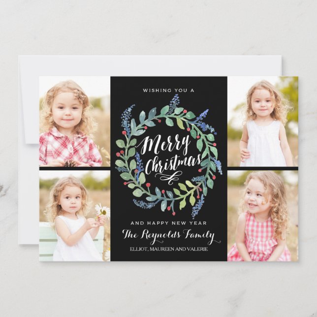 Watercolor Wreath 4 Photo Christmas Black Holiday Card (Front)