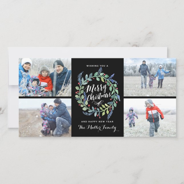 Watercolor Wreath 4 Photo Holiday Black Card (Front)