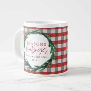 Watercolor wreath and check christmas holiday gift large coffee mug