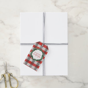 Watercolor wreath and check christmas holiday gift tags
