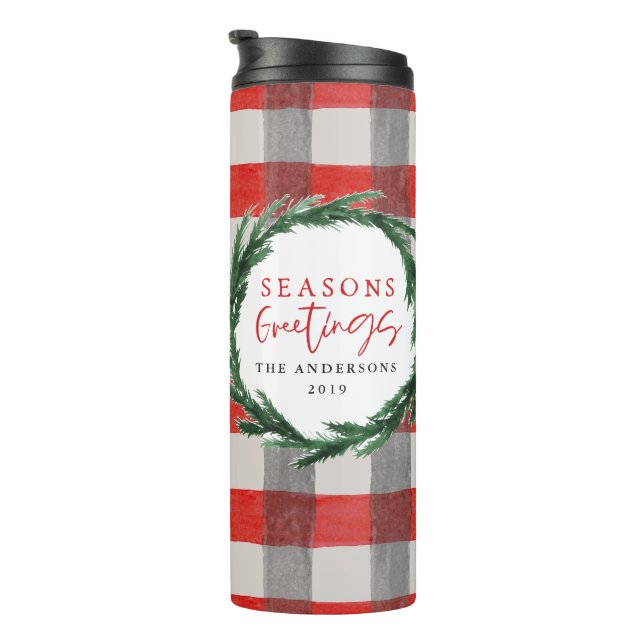 Watercolor wreath and check christmas holiday gift thermal tumbler (Rotated Right)