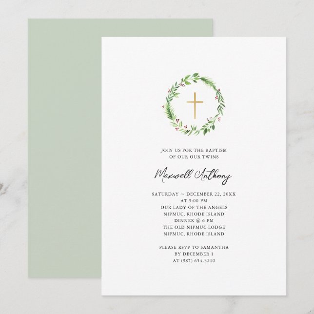 Watercolor Wreath and Gold Cross Baptism Invitation (Front/Back)
