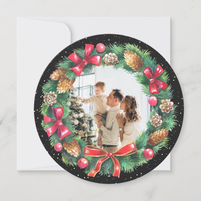 Watercolor Wreath Black Photo Christmas Holiday Card (Front)