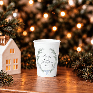 Watercolor Wreath Blue Bow Merry Christmas Paper Cups