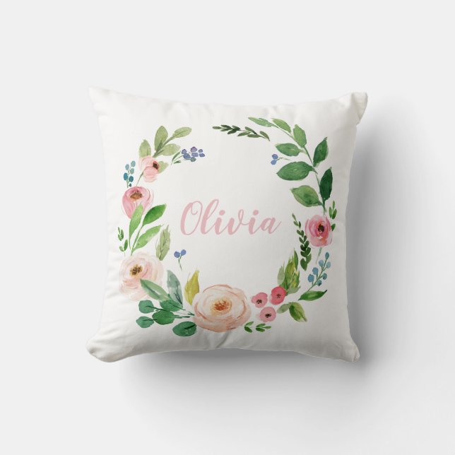 Watercolor wreath blush pink personalised photo cushion (Front)