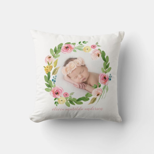 Watercolor wreath blush pink photo birth details cushion (Front)