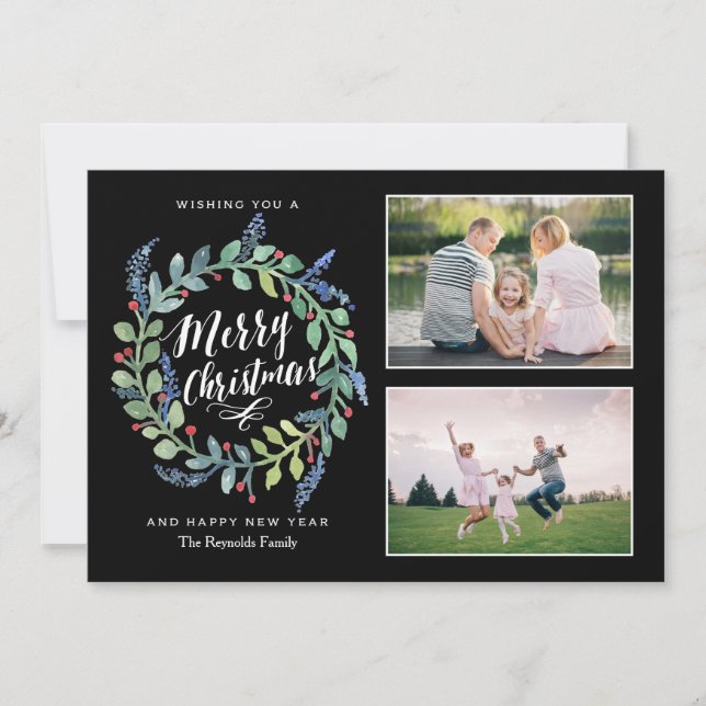 Watercolor Wreath Christmas 2 Photo Holiday Card (Front)