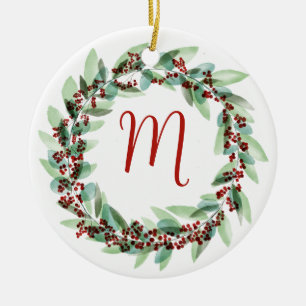 Watercolor Wreath Christmas Ceramic Ornament