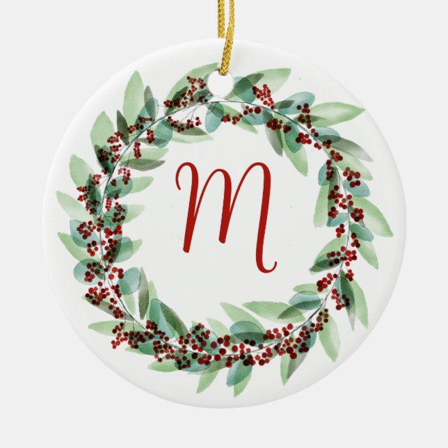 Watercolor Wreath Christmas Ceramic Ornament (Front)