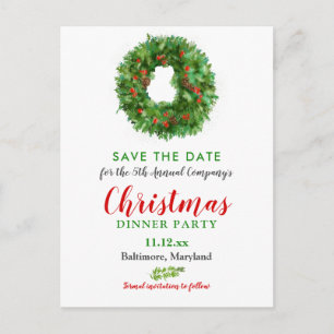 Watercolor Wreath Christmas Dinner   Holiday Party Announcement Postcard