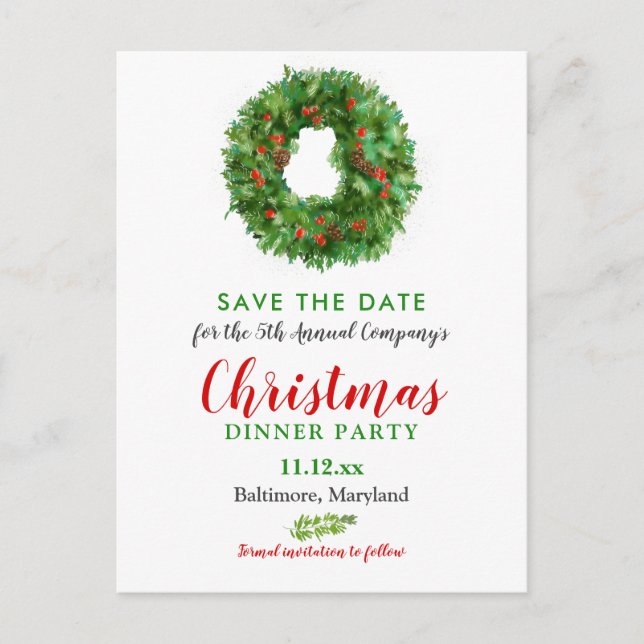 Watercolor Wreath Christmas Dinner | Holiday Party Announcement Postcard (Front)