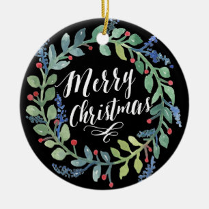 Watercolor Wreath Christmas Photo Black Ceramic Tree Decoration