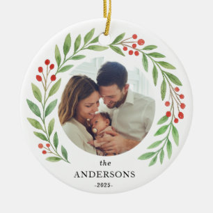 Watercolor Wreath Family Photo Christmas 2025 Ceramic Tree Decoration