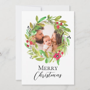 Watercolor wreath Family Photo Merry Christmas Holiday Card