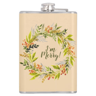 Watercolor Wreath & Fun Text Hip Flask