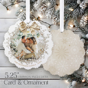 Watercolor Wreath Gold Bow Photo Merry Christmas Tree Decoration Card