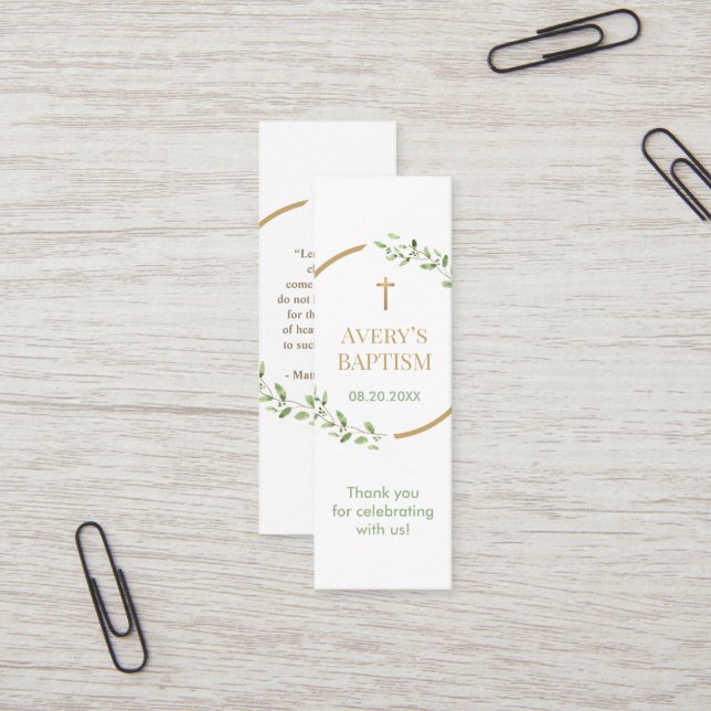Watercolor wreath Gold cross Baptism Bookmark Mini Business Card (Front/Back In Situ)