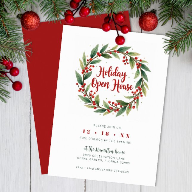 Watercolor Wreath Holiday Open House Invite (Holiday Open House Invitation )