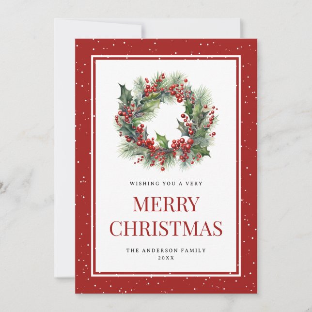 Watercolor Wreath Holly Red Berries Snowy Holiday Card (Front)