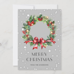 Watercolor Wreath Holly Stars Merry Christmas Card
