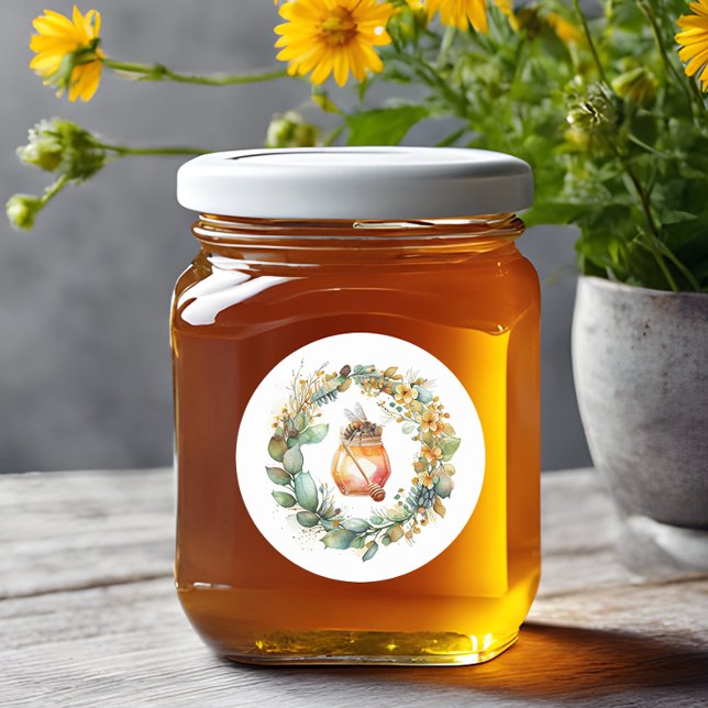 Watercolor Wreath & Honey Jar  Classic Round Sticker (Creator Uploaded)