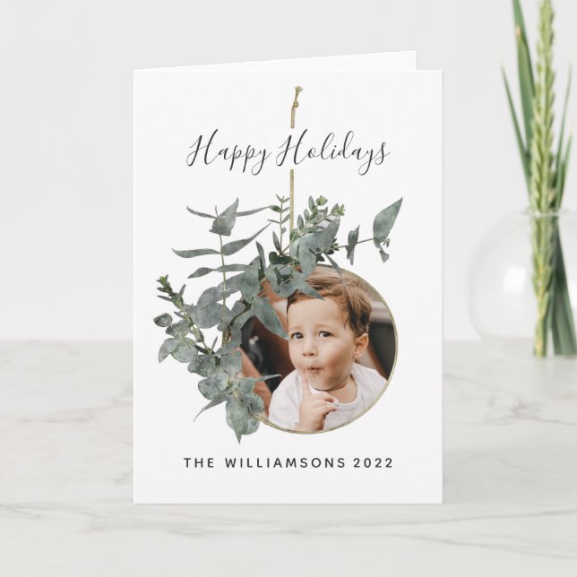 Watercolor Wreath Leaf Botanical Photo 2022 Holiday Card (Front)