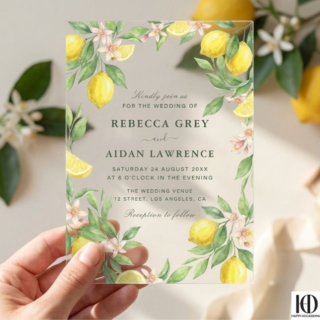 Watercolor Wreath Mediterranean Citrus Wedding Acrylic Invitations (Creator Uploaded)
