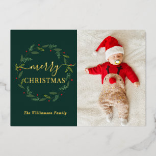 Watercolor Wreath Merry Christmas Baby Photo Foil Holiday Card