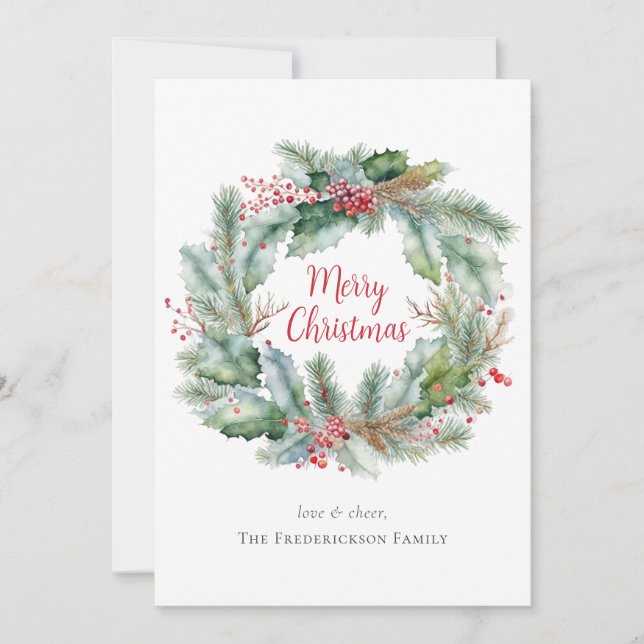 Watercolor Wreath Merry Christmas Personalised Holiday Card (Front)