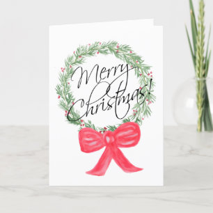 Watercolor Wreath Merry Christmas Photo Inside Holiday Card