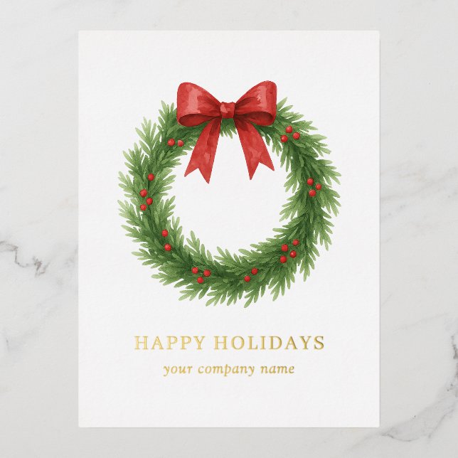 Watercolor Wreath Modern Business Christmas Foil Holiday Postcard (Front)
