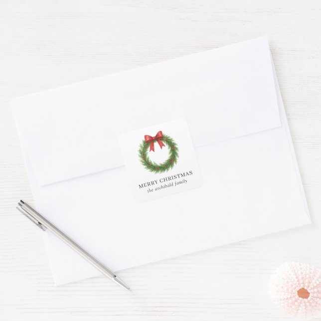 Watercolor Wreath Modern Christmas Square Sticker (Envelope)