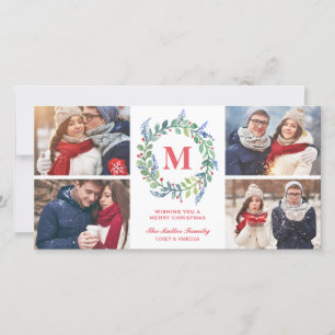 Watercolor Wreath Monogram 4 Photo Holiday Card