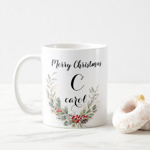 Watercolor Wreath Monogram and Script Christmas Coffee Mug